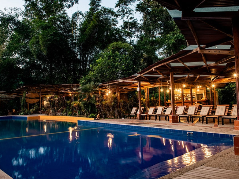 Swimming pool inside the Lodge at night
