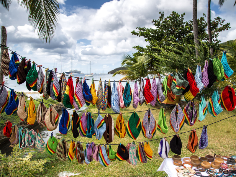 Shop selling caps on the beach in Bequia