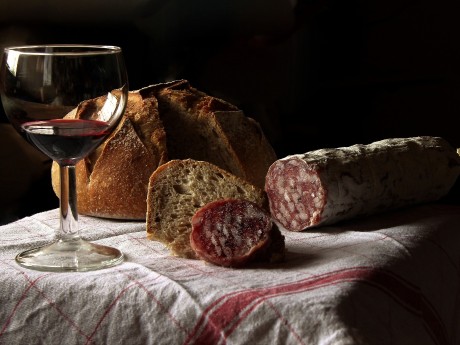 Wine, bread, salami
