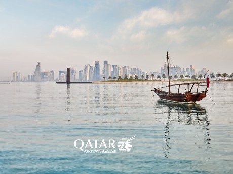 Doha Skyline mit Qatar Airways